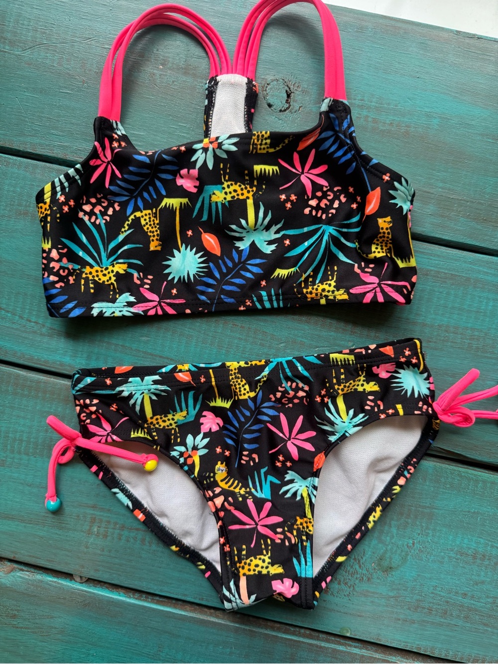 Cat & Jack Girls' Black Bikini Set with Neon Pink, Teal & Yellow Tropical Print